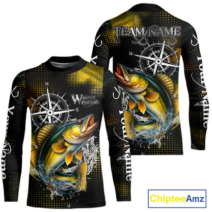 Custom Black and Yellow Walleye fishing scales compass Performance long sleeve Fishing Team Shirts NQS11726