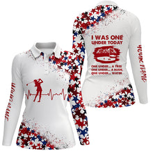 Load image into Gallery viewer, Womens golf polo shirt custom red white and blue stars pattern I was one under today tree, bush, water NQS7789