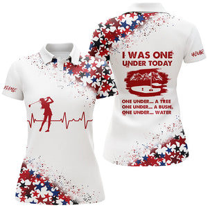 Womens golf polo shirt custom red white and blue stars pattern I was one under today tree, bush, water NQS7789