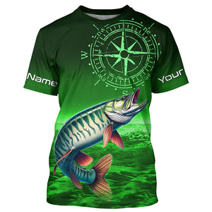 Personalized Musky Green Long Sleeve Performance Fishing Shirts, Muskie compass tournament Shirts NQS6333