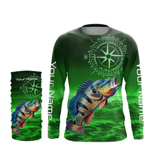 Load image into Gallery viewer, Personalized Peacock Bass Green Long Sleeve Performance Fishing Shirts, Bass compass tournament Shirts NQS6334