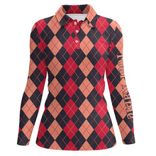 Load image into Gallery viewer, Black and red argyle plaid pattern Womens golf polo shirts custom female golf attire NQS8440