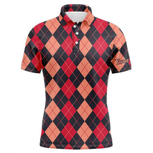 Load image into Gallery viewer, Black and red argyle plaid pattern Mens golf polo shirts custom male golf attire NQS8440