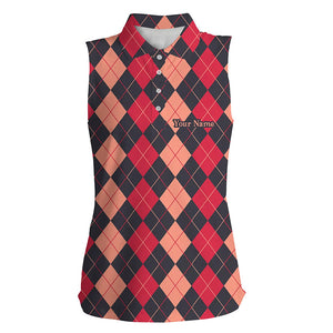 Black and red argyle plaid pattern Womens Sleeveless golf polo shirt custom female golf attire NQS8440