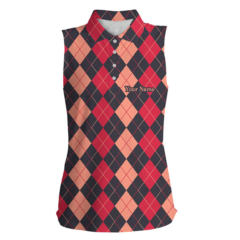 Black and red argyle plaid pattern Womens Sleeveless golf polo shirt custom female golf attire NQS8440