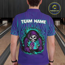 Load image into Gallery viewer, Custom Purple and Blue Flame Skull Reaper Bowling Shirts For Men, Personalized Bowling outfits men NQS11030