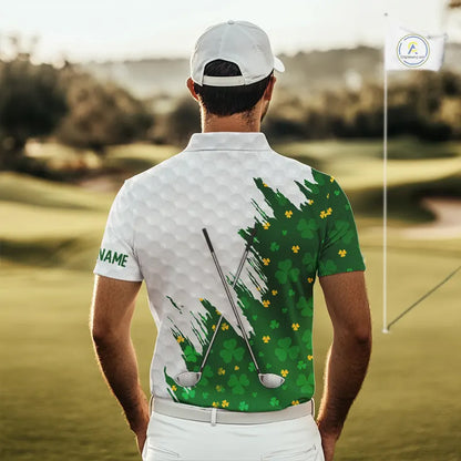 Green clover pattern St Patrick's day custom white Mens golf polo shirts, team mens golf tops NQS11421