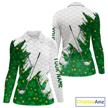 Load image into Gallery viewer, Green clover pattern St Patrick's day custom white Womens golf polo shirts, team ladies golf tops NQS11421