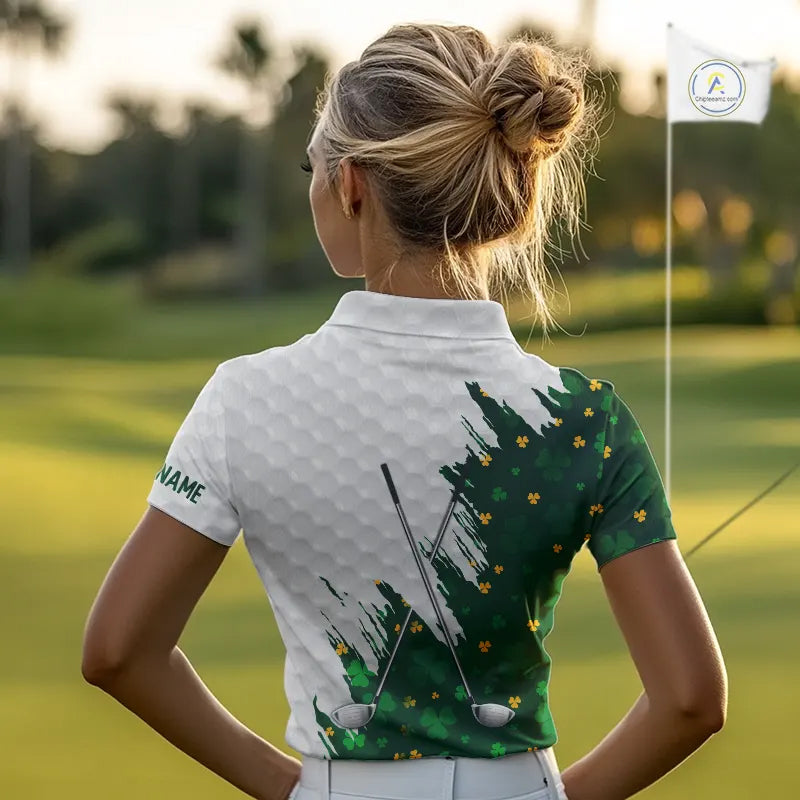 Green clover pattern St Patrick's day custom white Womens golf polo shirts, team ladies golf tops NQS11421