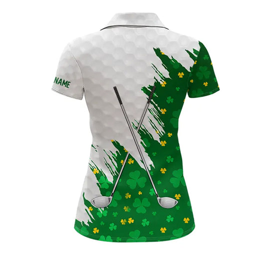 Green clover pattern St Patrick's day custom white Womens golf polo shirts, team ladies golf tops NQS11421
