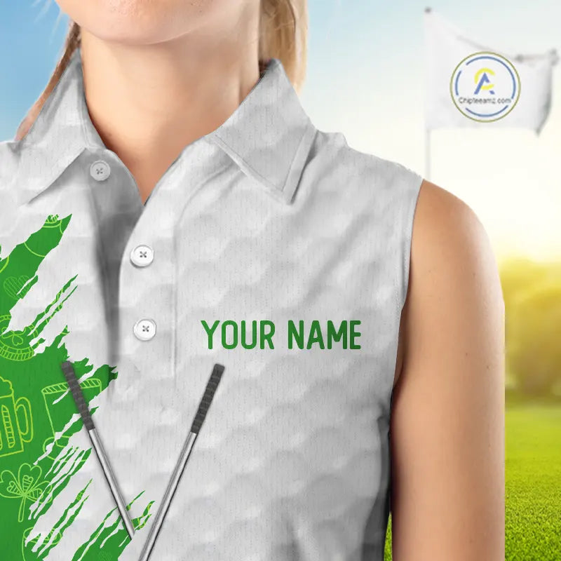 Green and White St Patrick's day pattern custom Women Sleeveless polos, team golf attire for ladies NQS11422