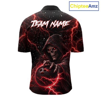 Custom Black And Red Lightning Thunder Skull Reaper Bowling Shirts For Men, Bowling Team Jerseys NQS11623
