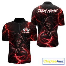 Load image into Gallery viewer, Custom Black And Red Lightning Thunder Skull Reaper Bowling Shirts For Men, Bowling Team Jerseys NQS11623
