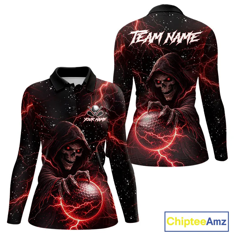 Custom Black And Red Lightning Thunder Skull Reaper Womens Golf Polo Shirt, ladies golf apparel NQS11624