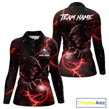Load image into Gallery viewer, Custom Black And Red Lightning Thunder Skull Reaper Womens Golf Polo Shirt, ladies golf apparel NQS11624