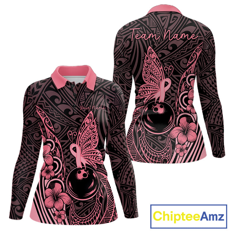 Black and Pink tropical tribal pattern butterfly Bowling Shirts For Women Custom Bowling Team Jerseys NQS11731