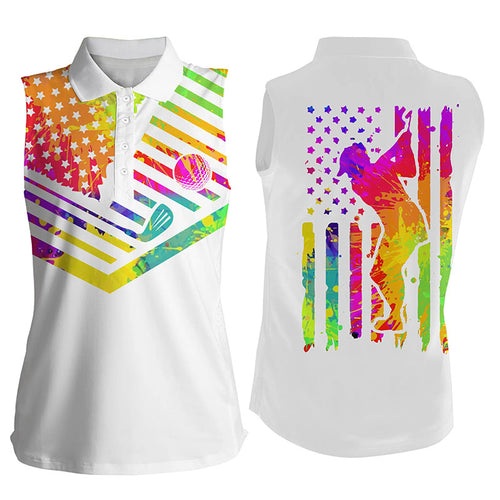 Womens sleeveless polo shirts watercolor American flag white womens golf shirt, golfer gifts NQS3450