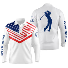 Load image into Gallery viewer, Mens golf polo shirt American flag 4th July patriot custom name white golf shirt NQS3732