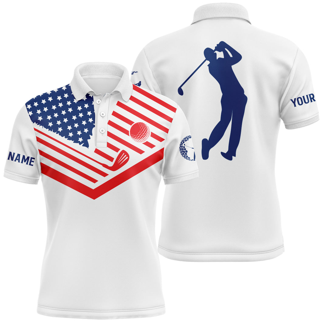 Mens golf polo shirt American flag 4th July patriot custom name white golf shirt NQS3732