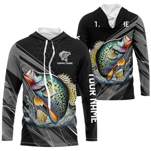 Personalized Black camo Crappie Fishing Jerseys, Crappie Long Sleeve Fishing Tournament Shirts NQS8448