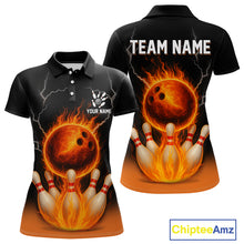 Load image into Gallery viewer, Custom Black and Orange Flame Lightning Bowling Polo, 1/4 Zip Shirt For Women, Team Bowling Outfit NQS10855