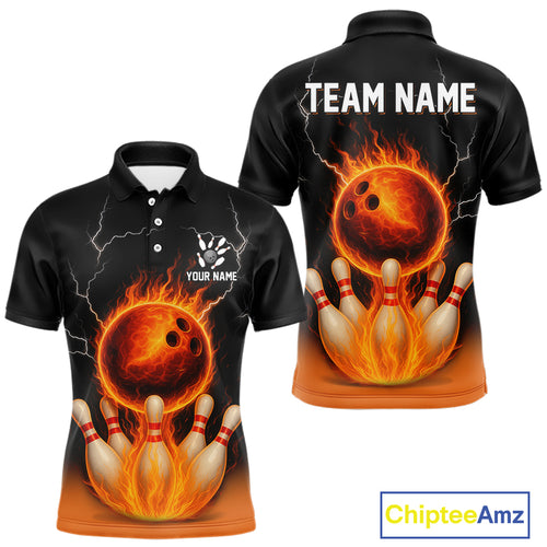 Custom Black and Orange Flame Lightning Bowling Polo, Quarter Zip Shirt For Men, Team Bowling Outfit NQS10855