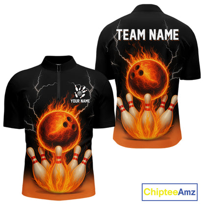 Custom Black and Orange Flame Lightning Bowling Polo, Quarter Zip Shirt For Men, Team Bowling Outfit NQS10855