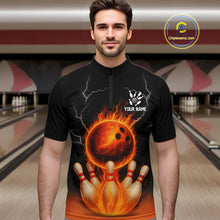 Load image into Gallery viewer, Custom Black and Orange Flame Lightning Bowling Polo, Quarter Zip Shirt For Men, Team Bowling Outfit NQS10855