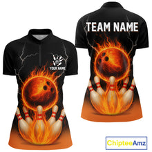 Load image into Gallery viewer, Custom Black and Orange Flame Lightning Bowling Polo, 1/4 Zip Shirt For Women, Team Bowling Outfit NQS10855