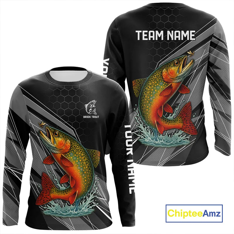 Personalized Black camo Brook Trout Fishing Jersey, Brook Trout Long Sleeve Fishing Tournament Shirts NQS11033
