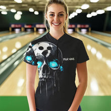 Load image into Gallery viewer, Black and Blue Skull Women's Bowling Polo, Quarter Zip shirts Custom Skull Team Bowling Jersey NQS9361