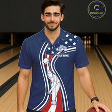Load image into Gallery viewer, Retro bowling Hawaiian shirt Custom American flag patriotic team bowling button-up jersey | Navy NQS11430