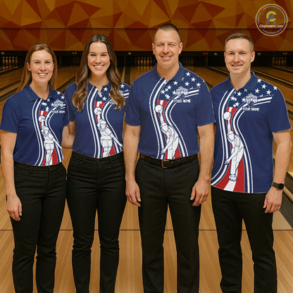Retro bowling Polo, 1/4 Zip shirt for Women Custom American flag patriotic team bowling jersey | Navy NQS11430