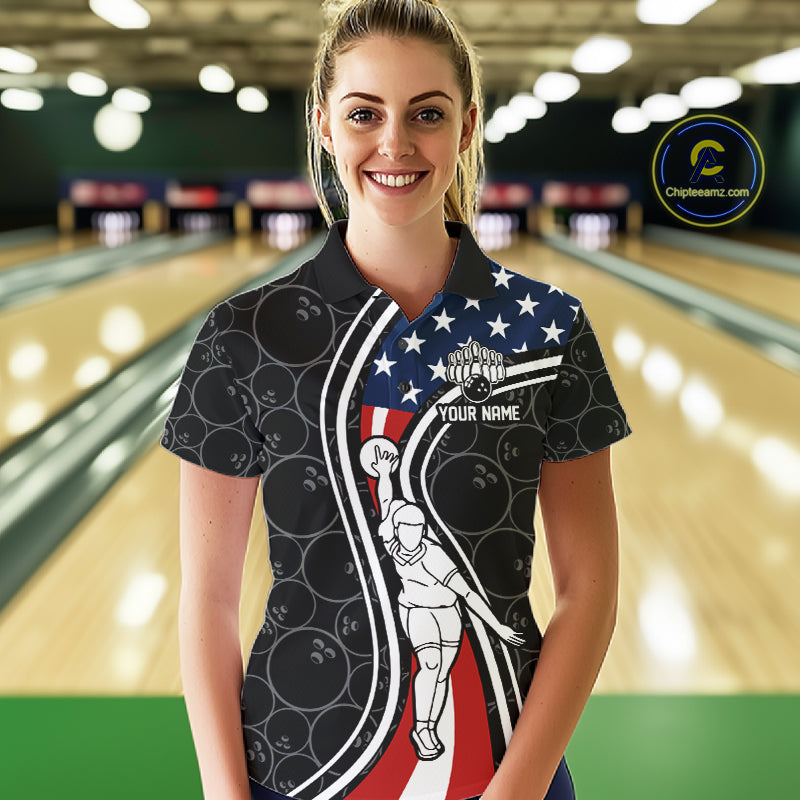Black camo Retro bowling shirts for Women Custom American flag patriotic team bowling jerseys NQS11431