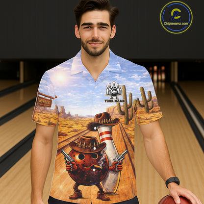 Funny desert Bowling Cowboy gun Bowling Hawaiian jerseys Custom button up bowling team shirts NQS11434