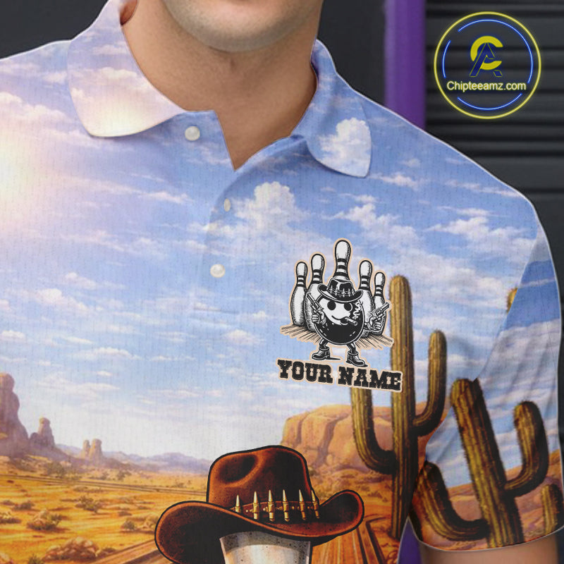 Funny desert Bowling Cowboy gun Bowling Polo, 1/4 zip shirts Custom bowling team jerseys NQS11434