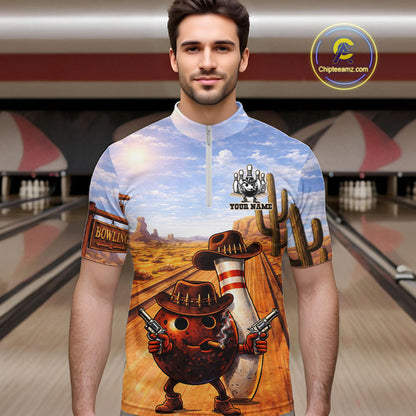 Funny desert Bowling Cowboy gun Bowling Polo, 1/4 zip shirts Custom bowling team jerseys NQS11434