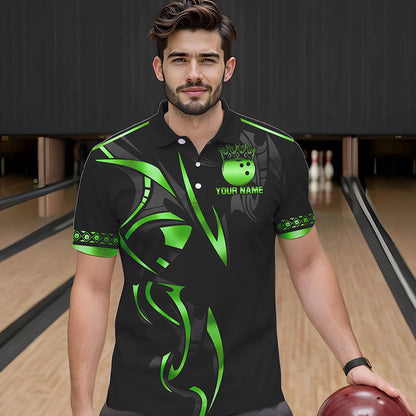 Black and Green crown Bowling ball Polo, Quarter Zip Shirts for Men Custom Bowling Team jerseys NQS9502