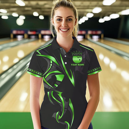 Black and Green crown Bowling ball Polo, Quarter Zip Shirts for Women Custom Bowling Team jerseys NQS9502