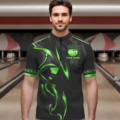 Black and Green crown Bowling ball Polo, Quarter Zip Shirts for Men Custom Bowling Team jerseys NQS9502