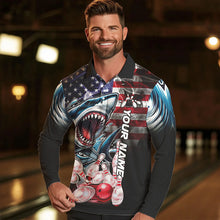 Load image into Gallery viewer, Smoke American Flag Shark Bowling Polo, 1/4 Zip Shirts for Men Custom patriotic Team Bowling jerseys NQS9671
