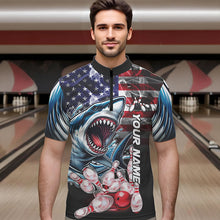 Load image into Gallery viewer, Smoke American Flag Shark Bowling Polo, 1/4 Zip Shirts for Men Custom patriotic Team Bowling jerseys NQS9671