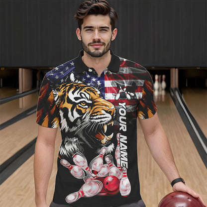 Smoke American Flag Tiger Bowling Polo, 1/4 Zip Shirts for Men Custom patriotic Team Bowling jerseys NQS9672