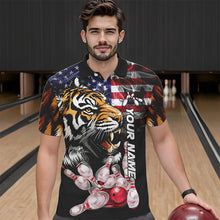 Load image into Gallery viewer, Smoke American Flag Tiger Bowling Polo, 1/4 Zip Shirts for Men Custom patriotic Team Bowling jerseys NQS9672