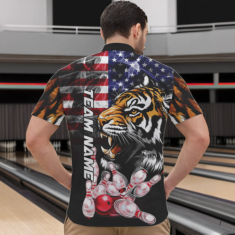 Smoke American Flag Tiger Bowling Polo, 1/4 Zip Shirts for Men Custom patriotic Team Bowling jerseys NQS9672