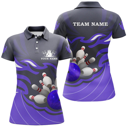 Women polo, quarter zip bowling shirts Custom bowling ball and pins team league jerseys | Purple NQS7808