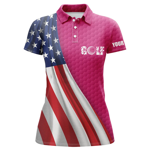 American flag pink golf ball skin Womens golf polo shirts custom name patriotic golf tops for women NQS6123
