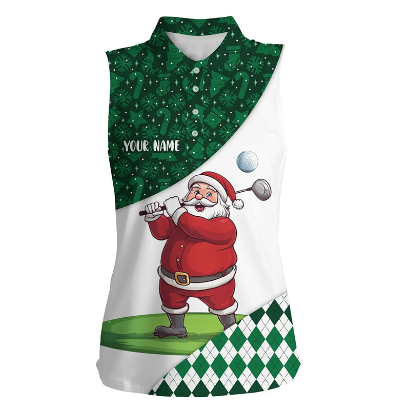 Green Christmas argyle pattern Santa Golfer custom Women sleeveless polo shirt, ladies golf clothes NQS8688