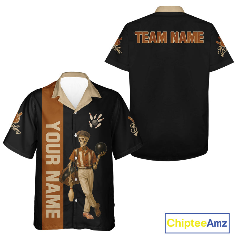 Black and Brown Skull Retro Bowling Hawaiian Shirt Custom Team Bowling League Button Up Shirt NQS10859
