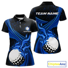 Load image into Gallery viewer, Black &amp; Blue Golf ball Flame Golf Polo Shirts For Women Custom ladies&#39;s golf clothing, best golf gift NQS10864
